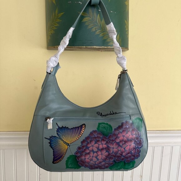 Hand-Painted Anuschka Leather Shoulder Bag With Butterfly & Hydrangea Design NWT - Picture 2 of 10